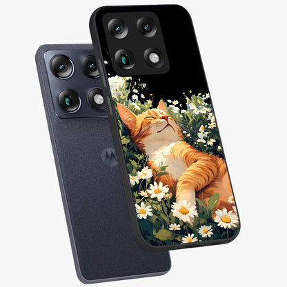 Blissful Bloom Cat Glass Case displayed in angled mockup highlighting playful feline illustration with soft floral aesthetic.