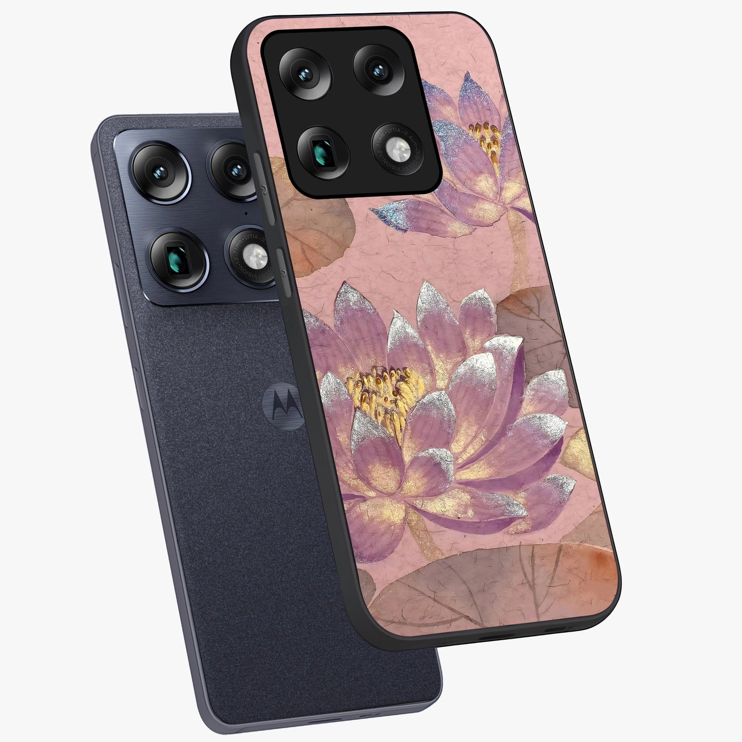 Blossom Mist Lotus Glass Case displayed in angled mockup highlighting delicate lotus illustration with calm aesthetic theme.