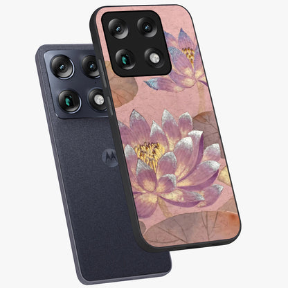 Blossom Mist Lotus Glass Case displayed in angled mockup highlighting delicate lotus illustration with calm aesthetic theme.