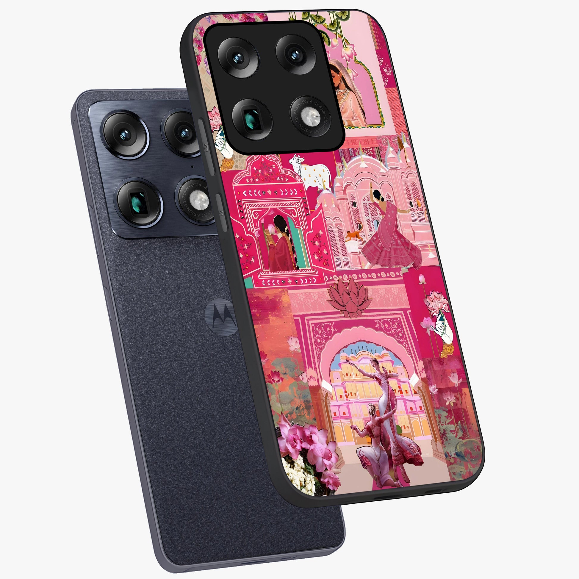 Blossoms of Rajasthan Glass Case displayed in angled mockup highlighting vibrant floral pattern with cultural aesthetic style.
