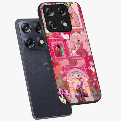 Blossoms of Rajasthan Glass Case displayed in angled mockup highlighting vibrant floral pattern with cultural aesthetic style.