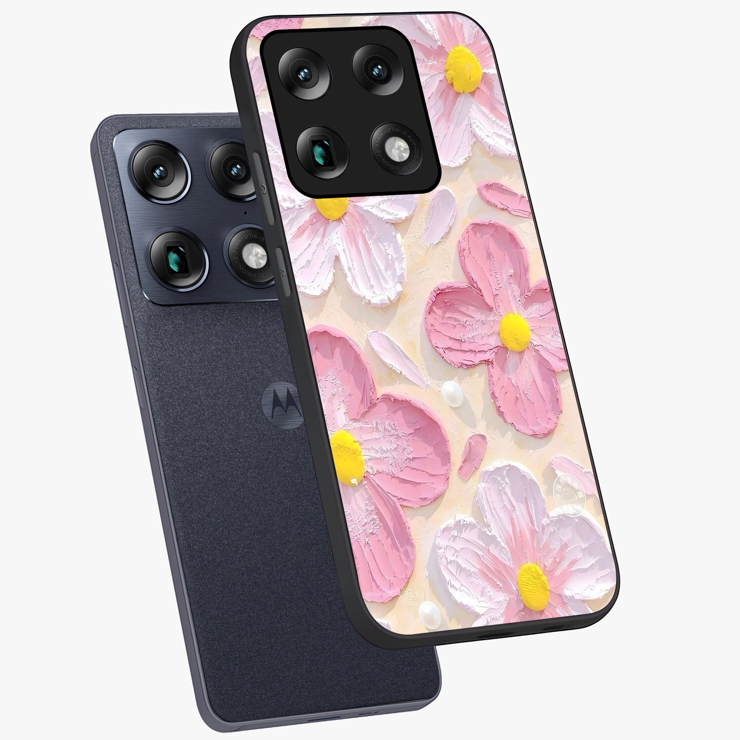 Blush Bloom Texture Glass Case displayed in angled mockup highlighting subtle bloom pattern with aesthetic pastel design.