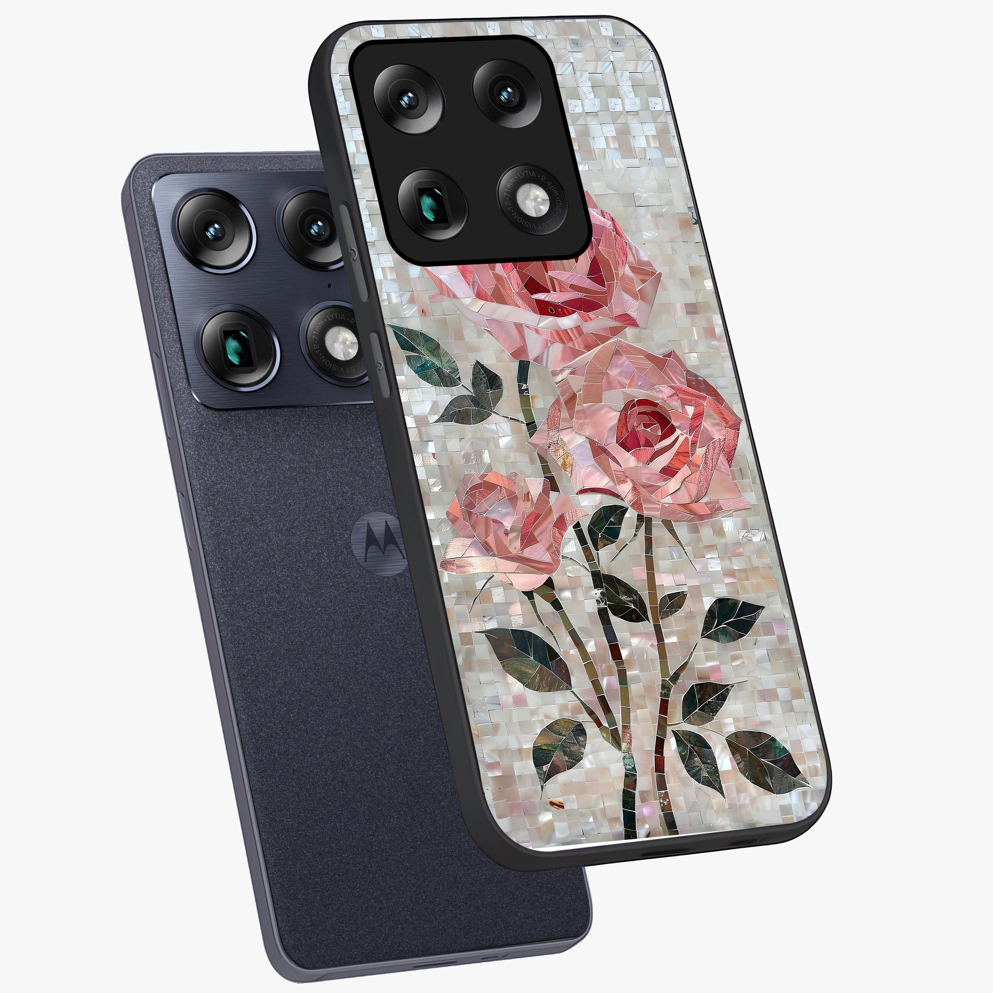 Blush Mosaic Bloom Glass Case displayed in angled mockup highlighting artistic mosaic flower pattern with aesthetic design.