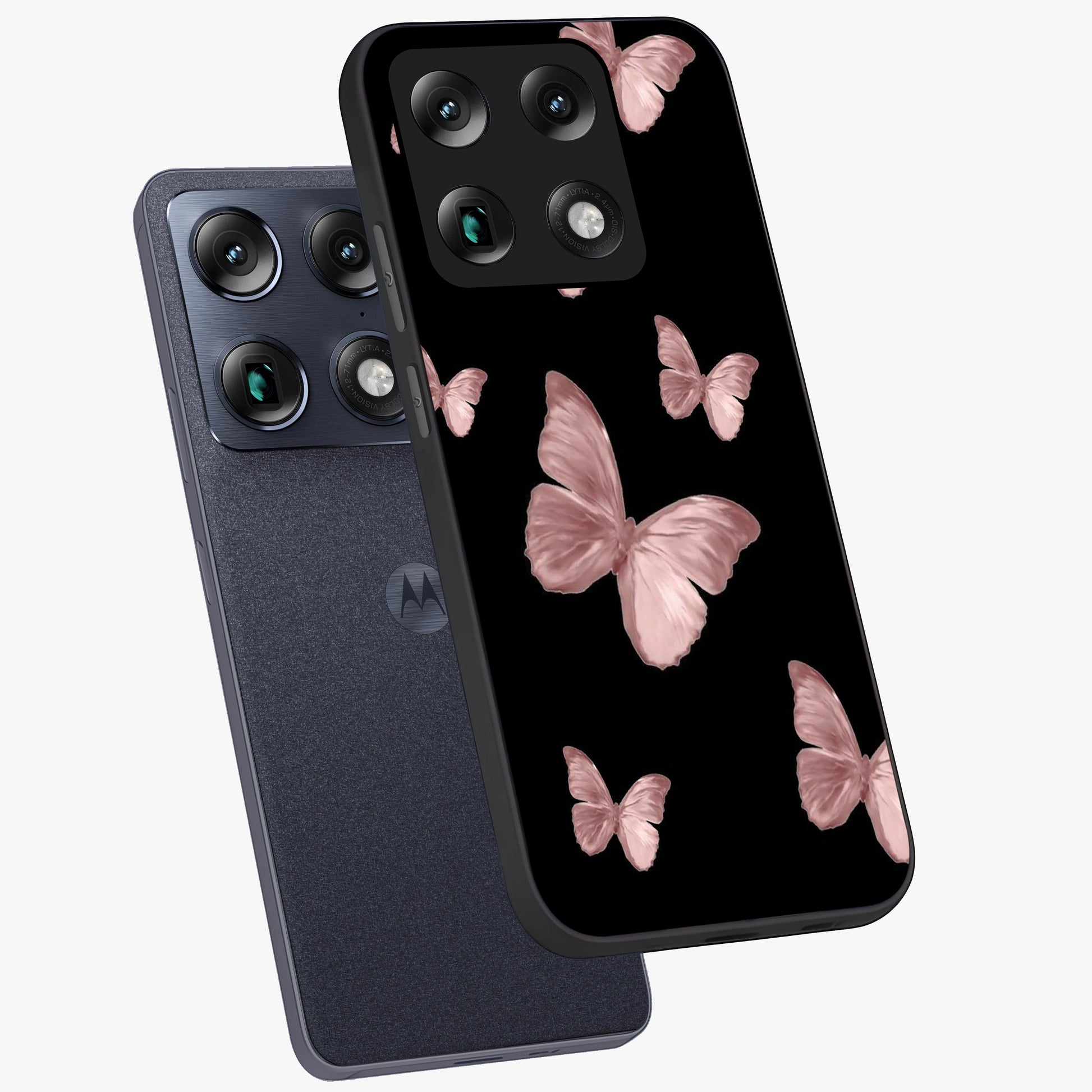 Butterfly Pattern Glass Case displayed in angled mockup highlighting delicate butterfly design and aesthetic pattern style.