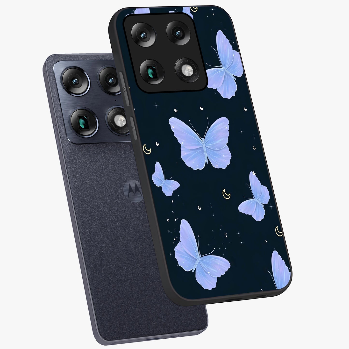Butterfly With Stars Pattern Glass Case displayed in angled mockup highlighting dreamy butterfly and star design with aesthetic theme.