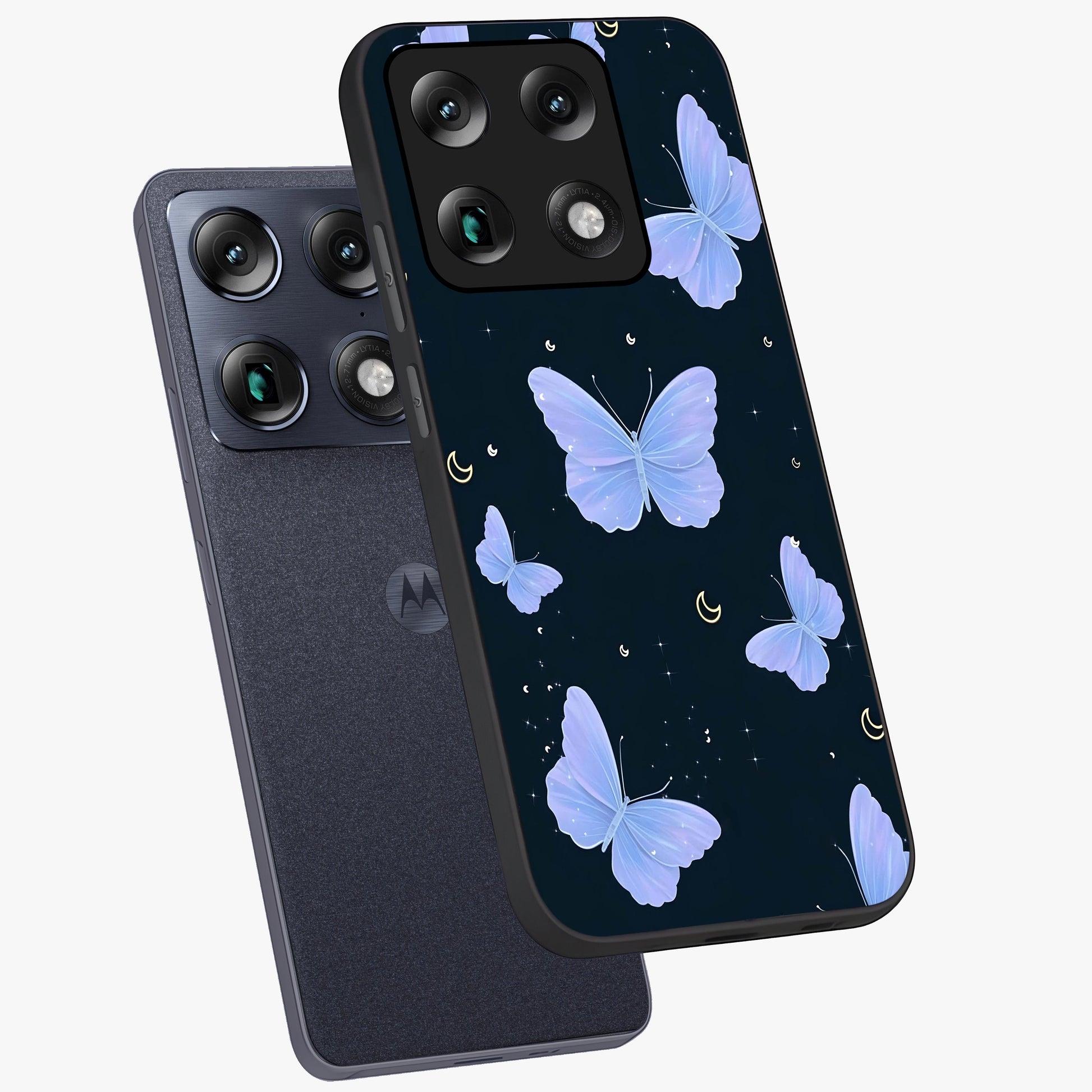 Butterfly With Stars Pattern Glass Case displayed in angled mockup highlighting dreamy butterfly and star design with aesthetic theme.