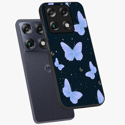 Butterfly With Stars Pattern Glass Case displayed in angled mockup highlighting dreamy butterfly and star design with aesthetic theme.