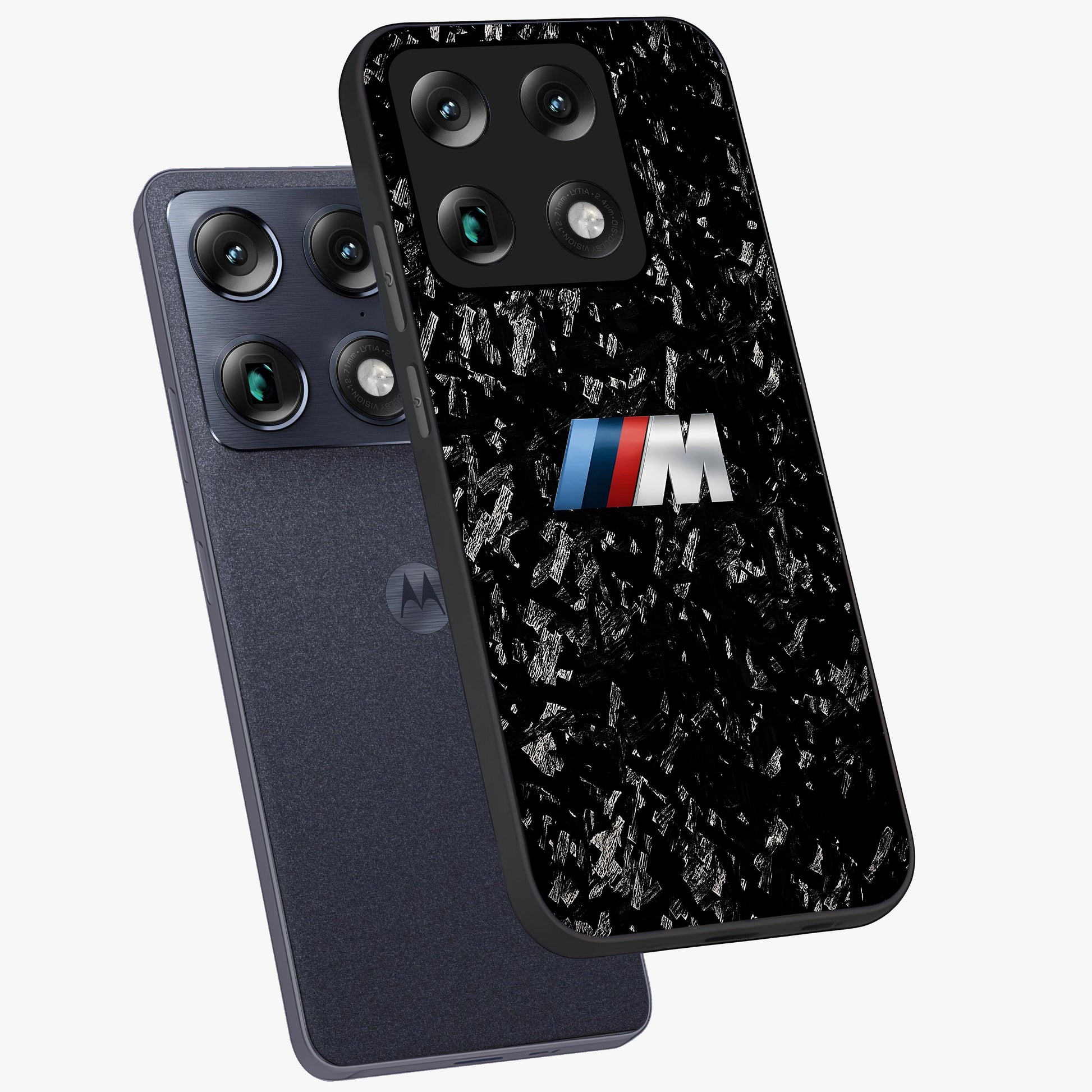 Carbon Speed Mark Glass Case displayed in angled mockup highlighting racing inspired carbon design and sleek aesthetic style.