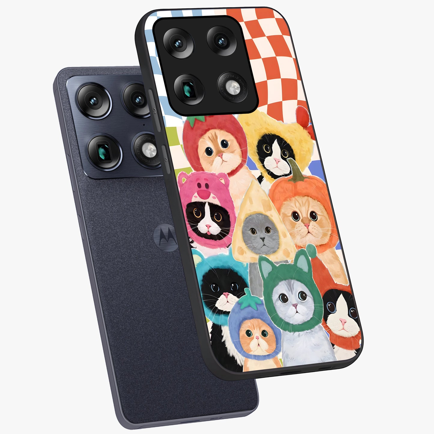 Cats in Fruits Glass Case displayed in angled mockup highlighting cute feline fruit design with colorful aesthetic style.