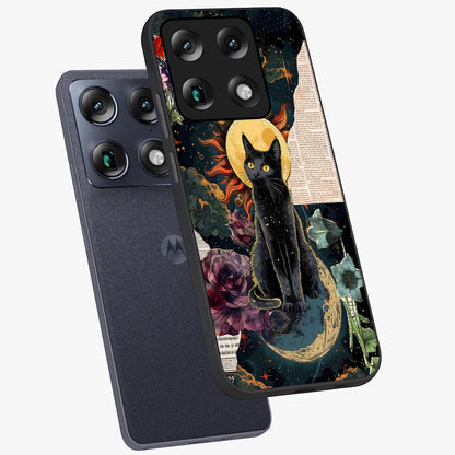 Celestial Black Cat Glass Case displayed in angled mockup highlighting cosmic black cat design with celestial aesthetic.