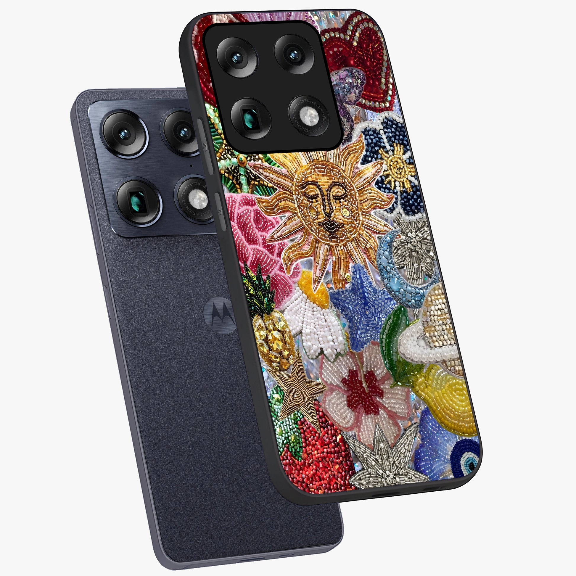 Celestial Floral and Playful Glass Case displayed in angled mockup highlighting playful floral design with dreamy celestial elements.