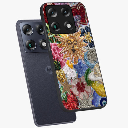 Celestial Floral and Playful Glass Case displayed in angled mockup highlighting playful floral design with dreamy celestial elements.