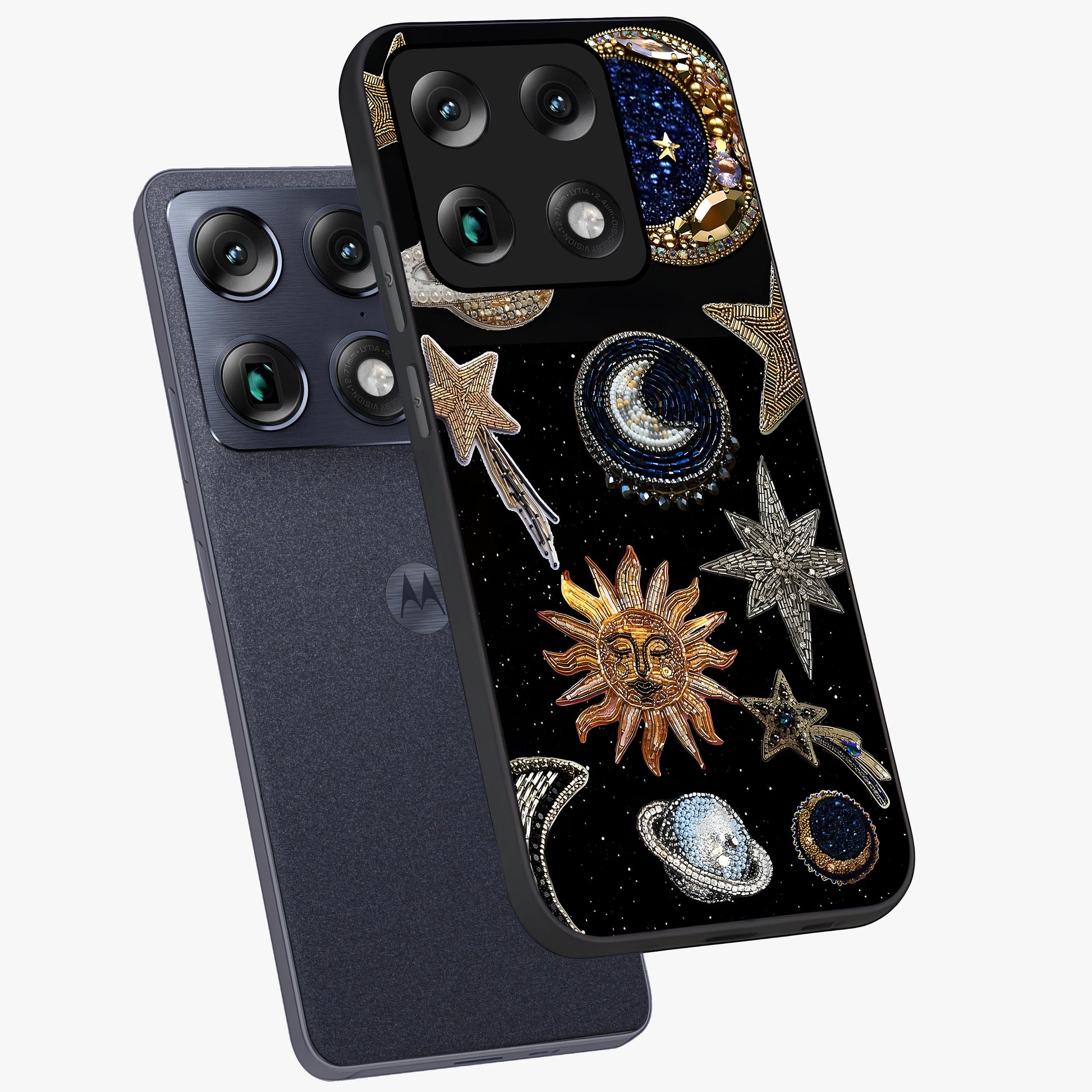 Celestial Gem Constellations Glass Case displayed in angled mockup highlighting gemstone inspired constellation design.