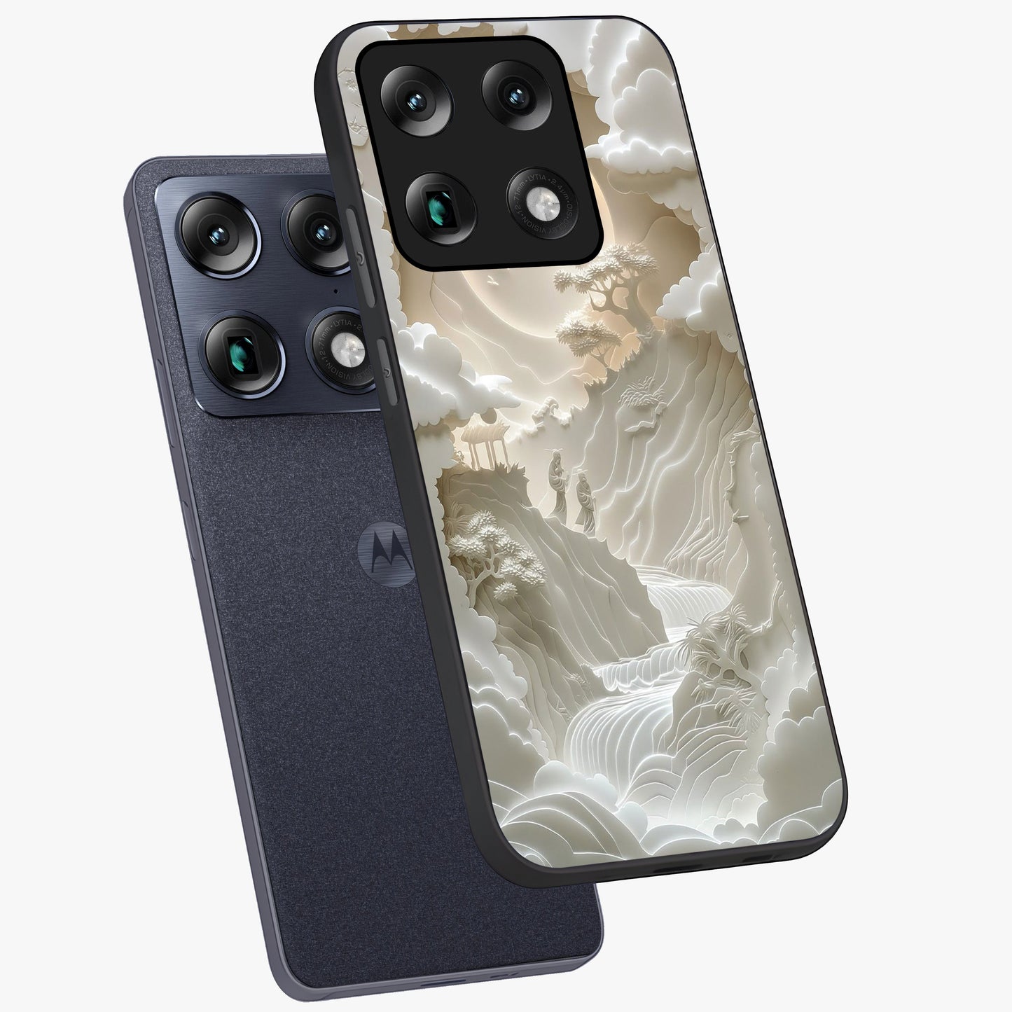 Celestial Origami Glass Case displayed in angled mockup highlighting geometric origami design with cosmic aesthetic theme.