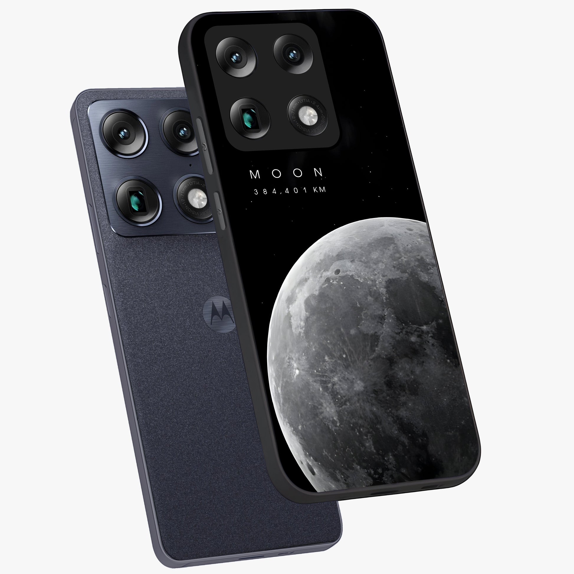 Cosmic Moon Glow Glass Case displayed in angled mockup highlighting celestial moon design with cosmic aesthetic theme.