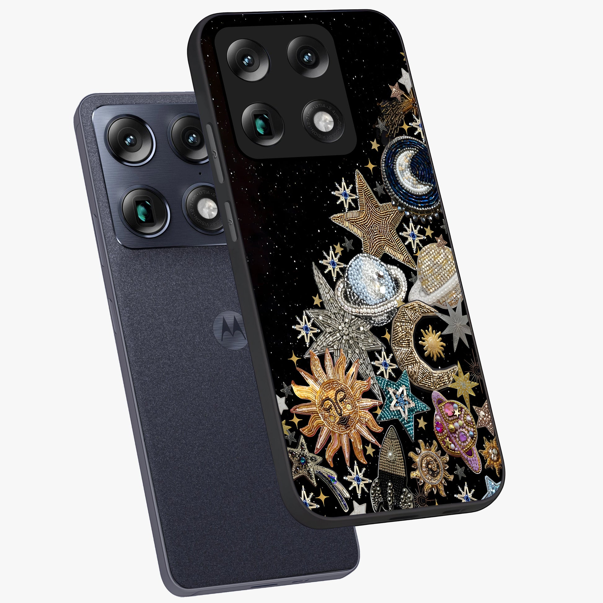 Cosmic Sparkle Dreams Glass Case displayed in angled mockup highlighting dreamy star sparkle design with celestial aesthetic.