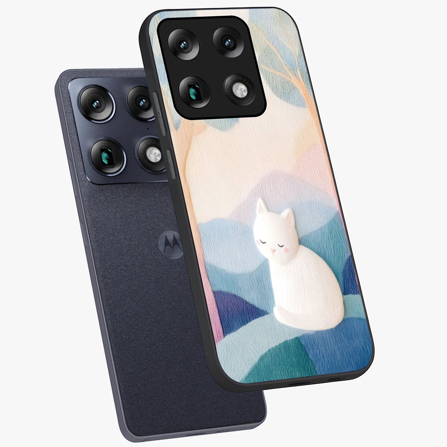 Cotton Dream Cat Glass Case displayed in angled mockup highlighting cute feline illustration with pastel aesthetic style.
