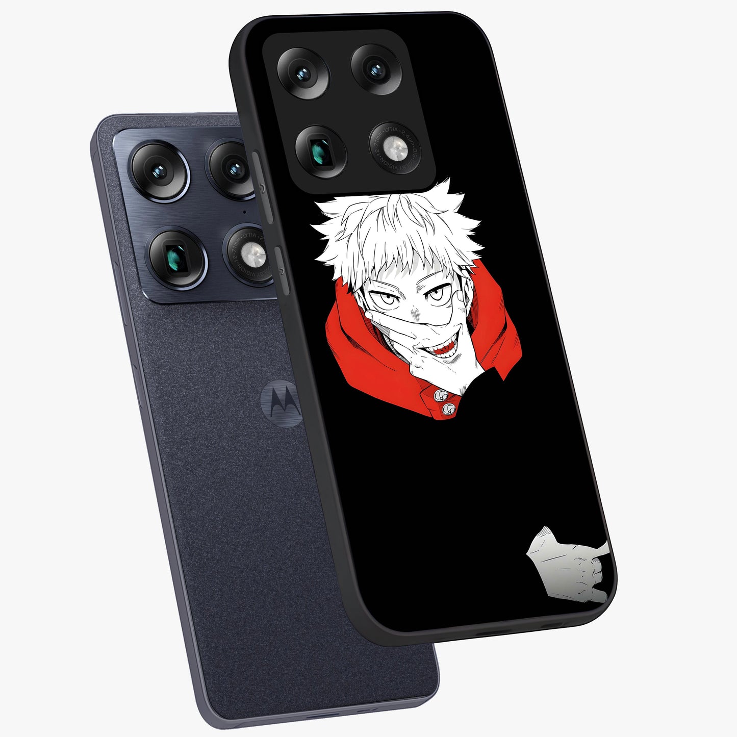 Crimson Chaos Smile Glass Case displayed in angled mockup highlighting edgy crimson smile design with graphic aesthetic.