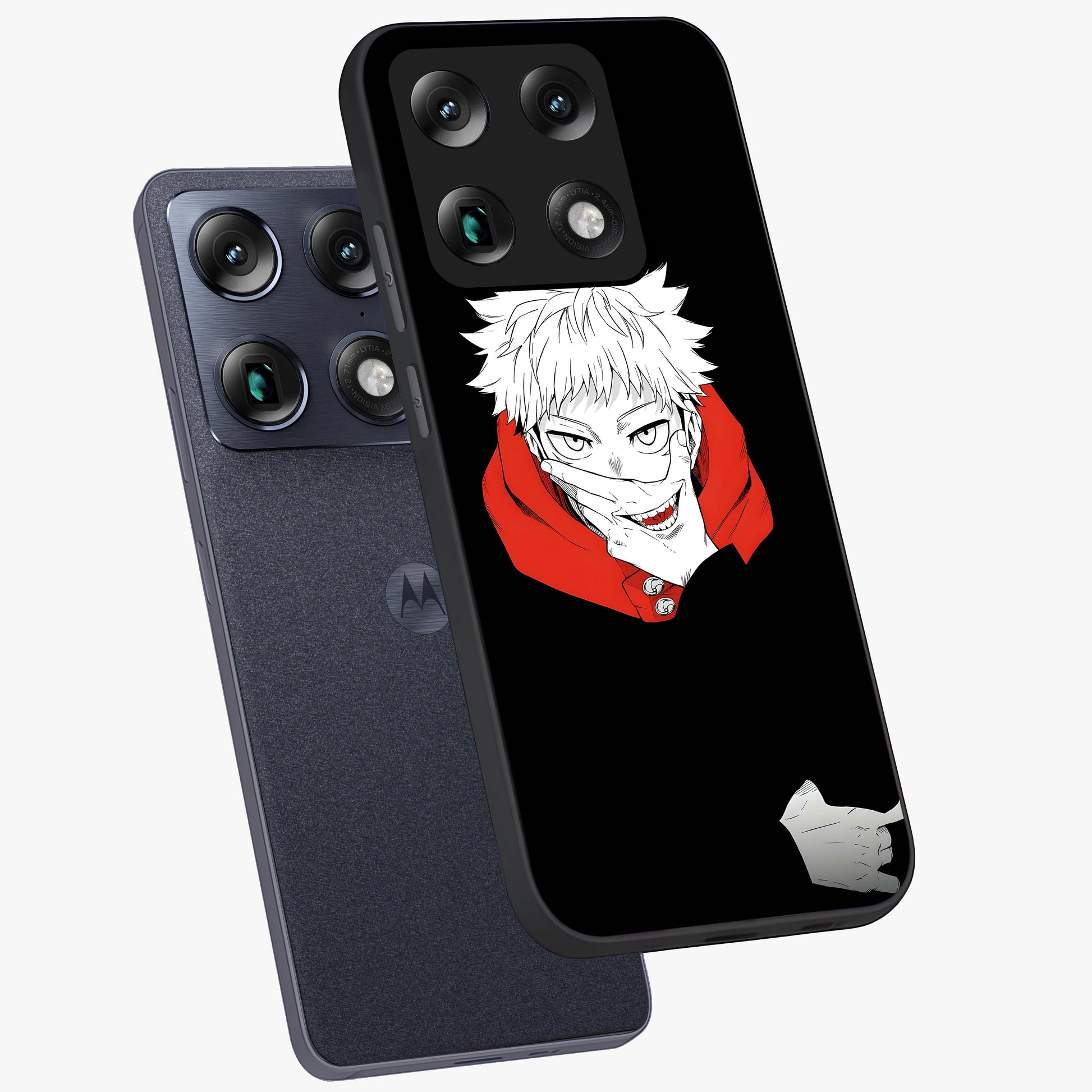 Crimson Chaos Smile Glass Case displayed in angled mockup highlighting edgy crimson smile design with graphic aesthetic.