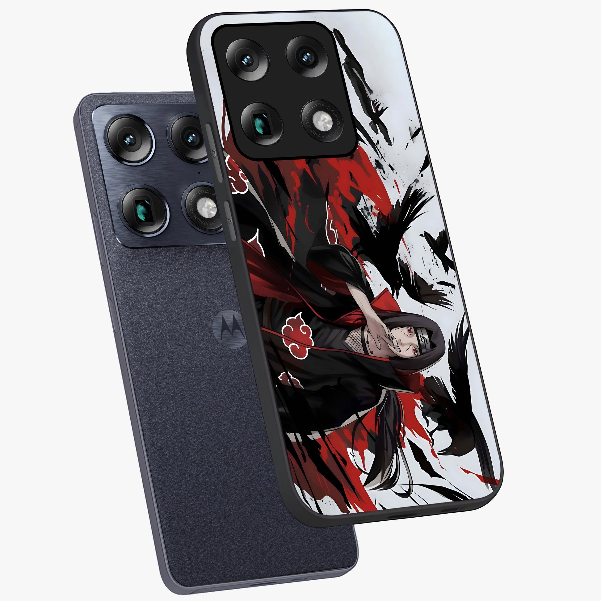 Crimson Crow Illusion Glass Case displayed in angled mockup highlighting mysterious crow graphic with dark aesthetic style.
