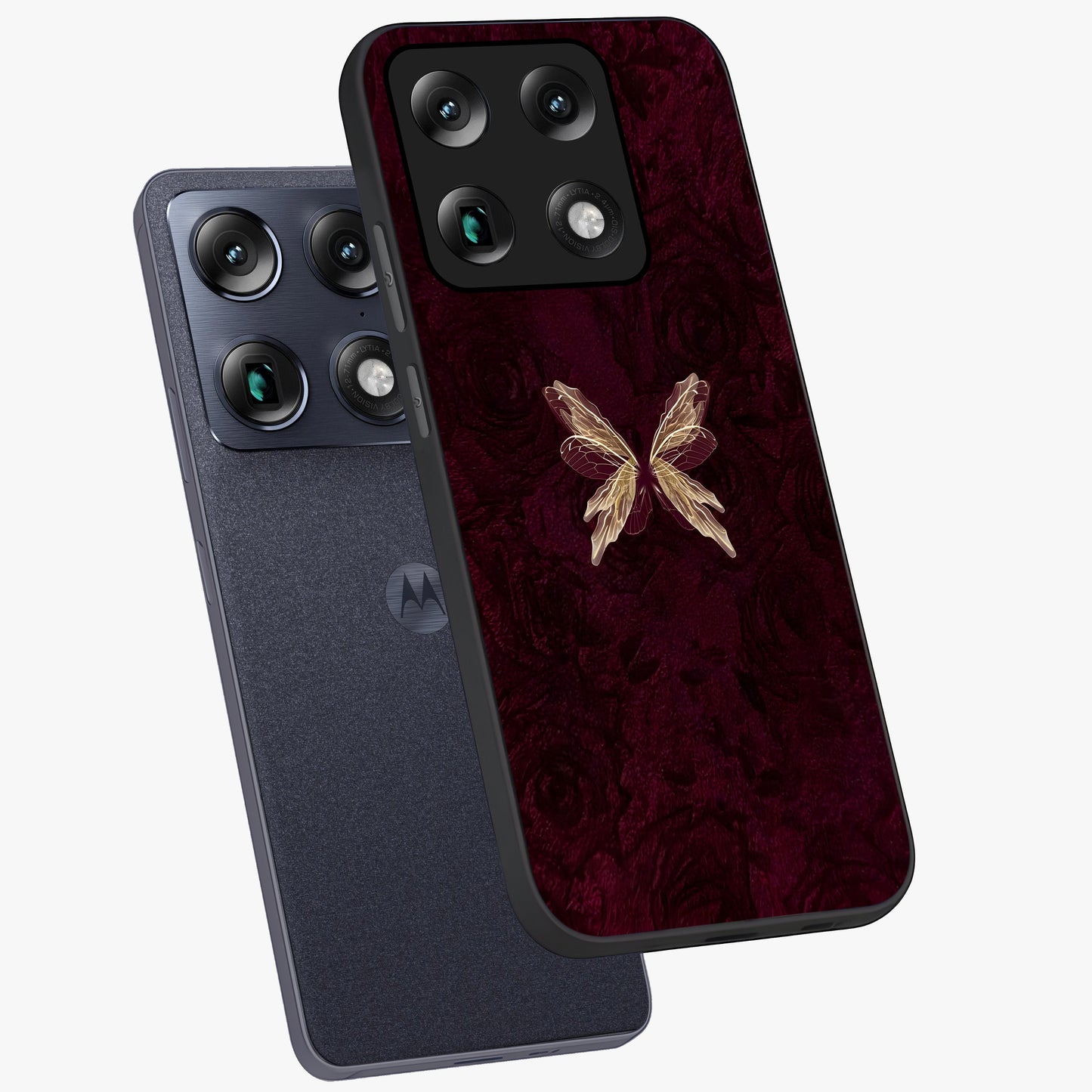 Crimson Fade Butterfly Glass Case displayed in angled mockup highlighting elegant butterfly design with crimson gradient aesthetic.