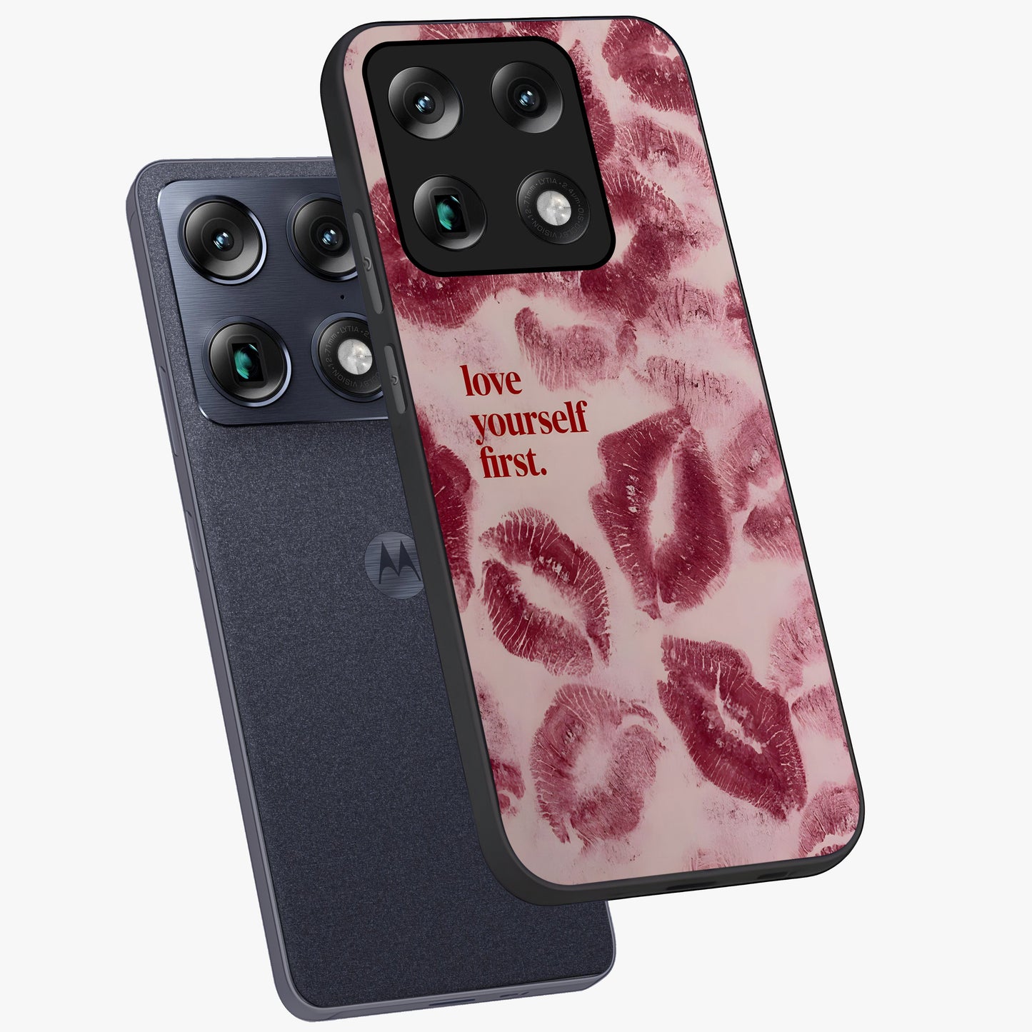 Crimson Kiss Love Glass Case displayed in angled mockup highlighting bold love inspired design with modern aesthetic style.