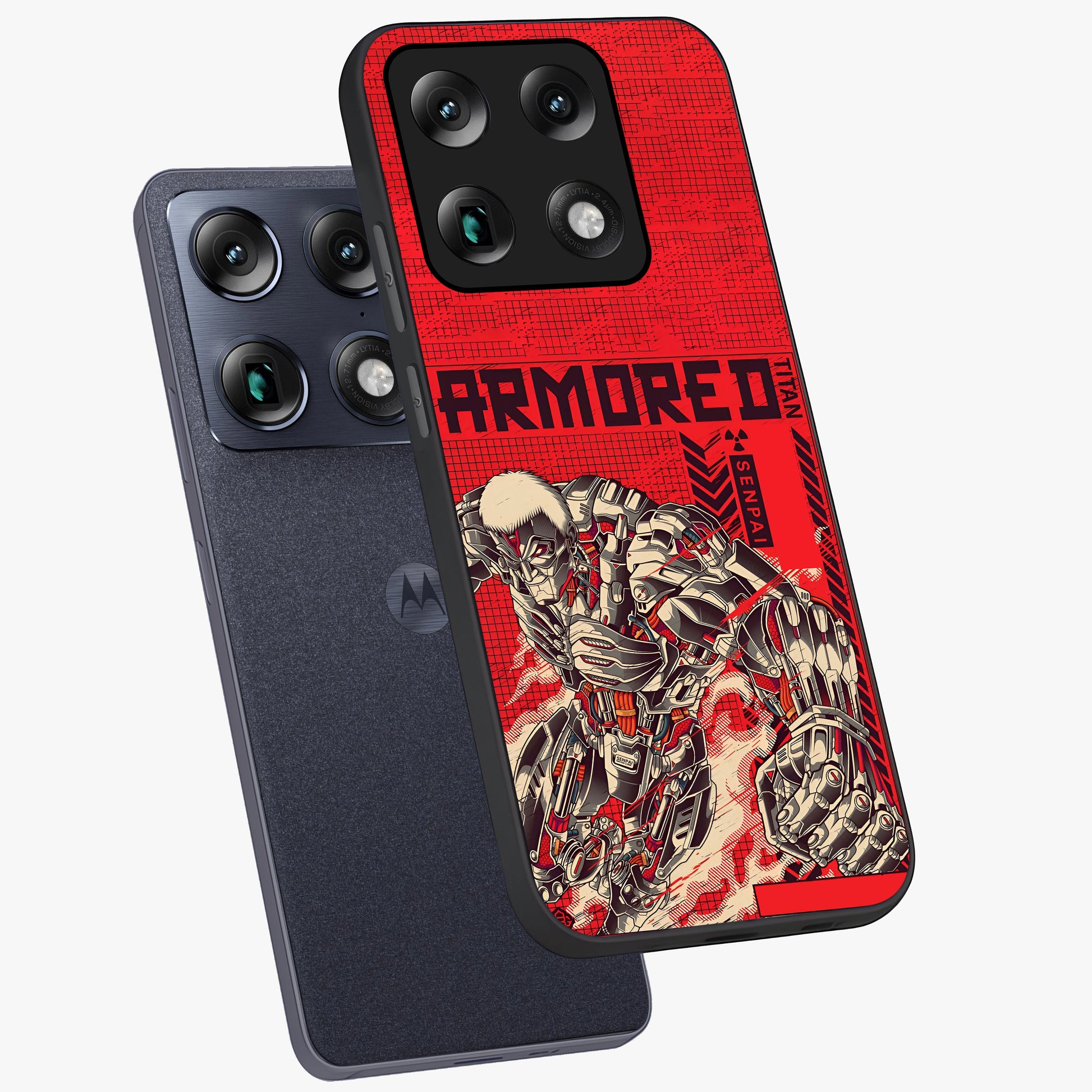 Crimson Mecha Titan Glass Case displayed in angled mockup highlighting futuristic mech illustration with bold crimson aesthetic.