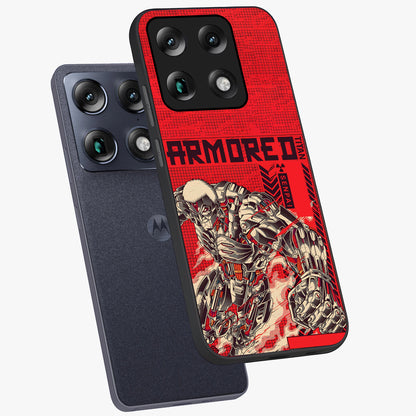 Crimson Mecha Titan Glass Case displayed in angled mockup highlighting futuristic mech illustration with bold crimson aesthetic.