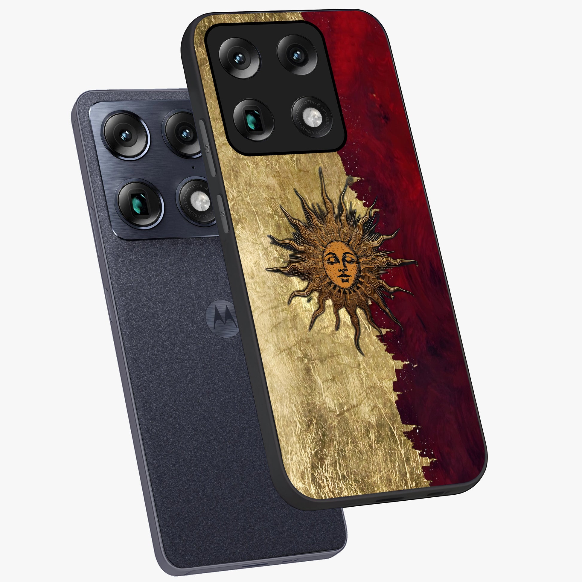 Crimson Sun Majesty Glass Case displayed in angled mockup highlighting majestic crimson sun design with bold aesthetic style.