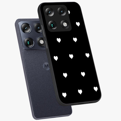 Cute And Simple White Hearts Glass Case displayed in angled mockup highlighting cute heart design with clean aesthetic style.