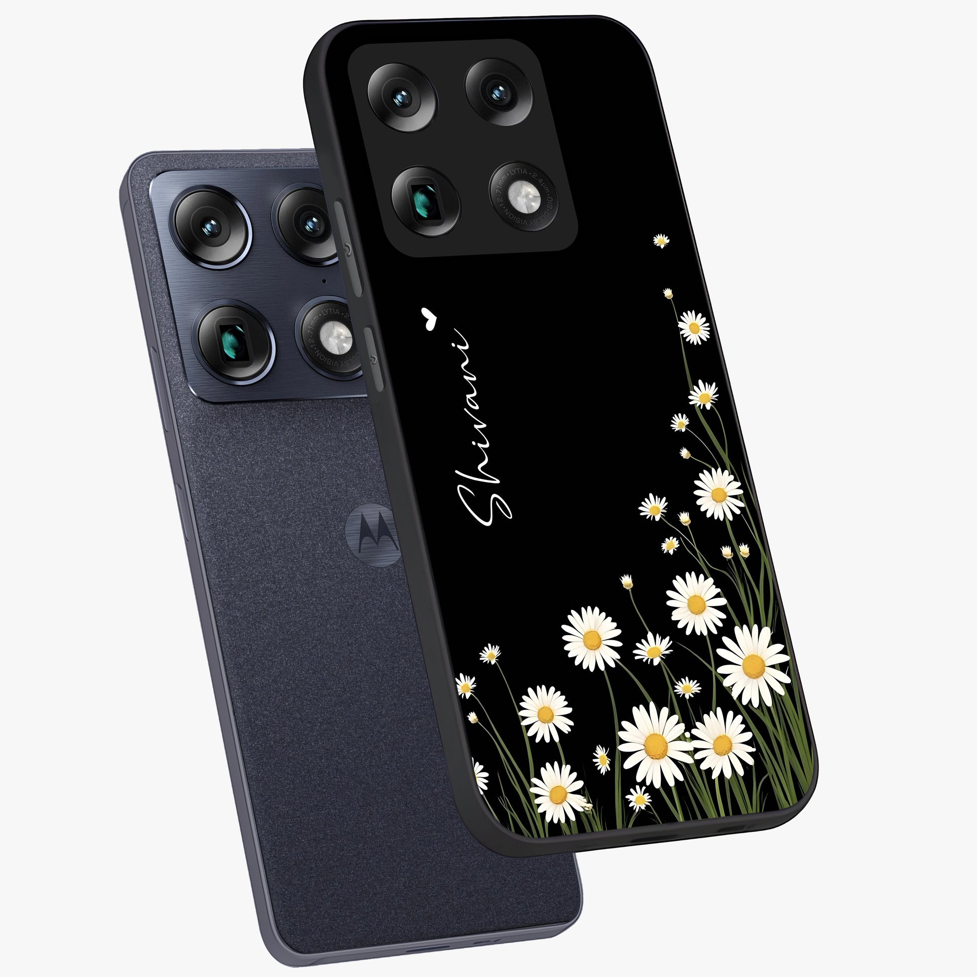Daisy Cascade Custom Name Glass Case displayed in angled mockup highlighting delicate daisy artwork with custom name feature.
