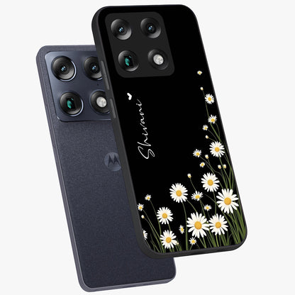 Daisy Cascade Custom Name Glass Case displayed in angled mockup highlighting delicate daisy artwork with custom name feature.