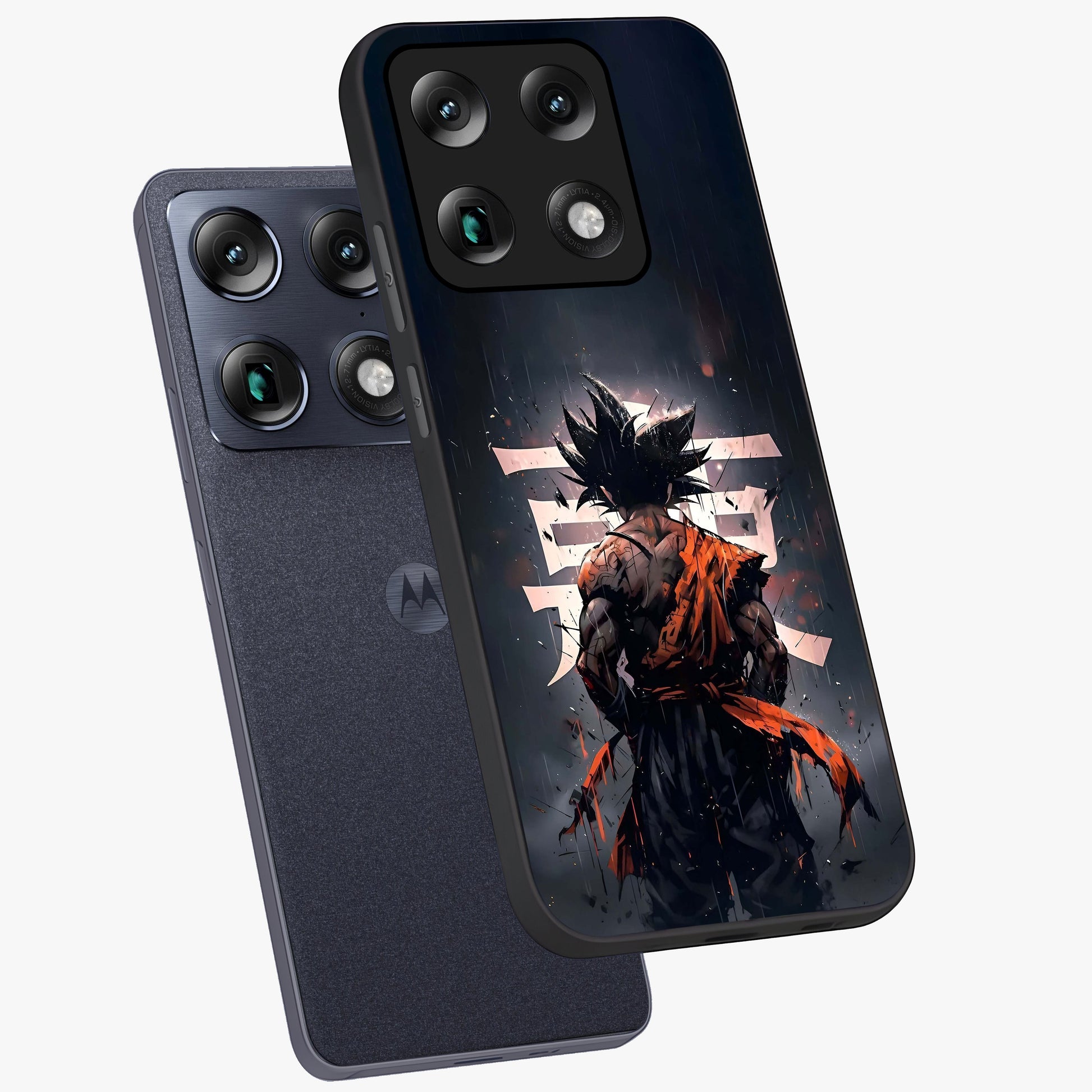 Dark Warrior In Rain Glass Case displayed in angled mockup highlighting dramatic warrior illustration with dark rain aesthetic.