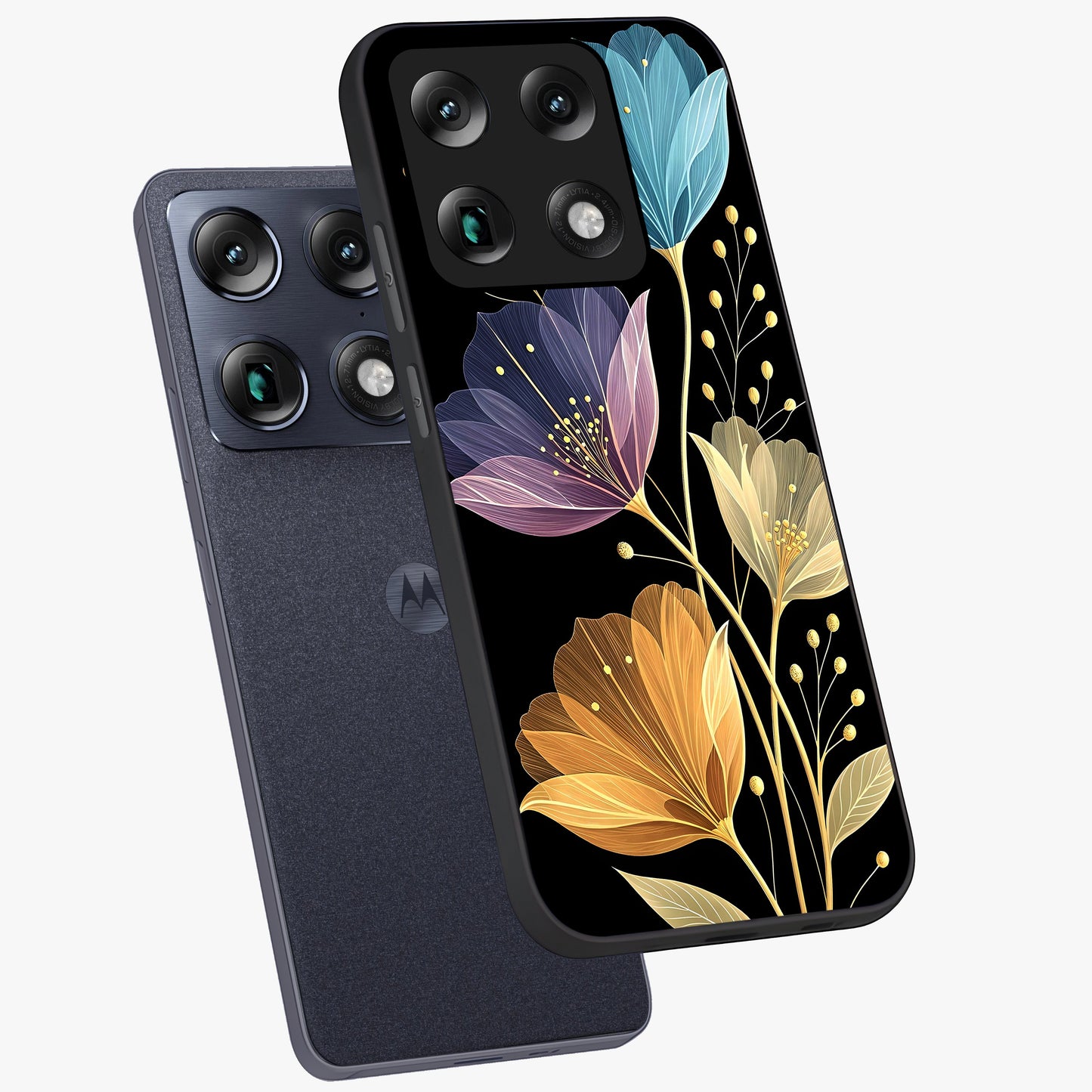 Delicate Multicolor Flowers Glass Case displayed in angled mockup highlighting colorful flower pattern with soft aesthetic style.