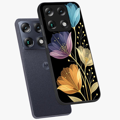Delicate Multicolor Flowers Glass Case displayed in angled mockup highlighting colorful flower pattern with soft aesthetic style.