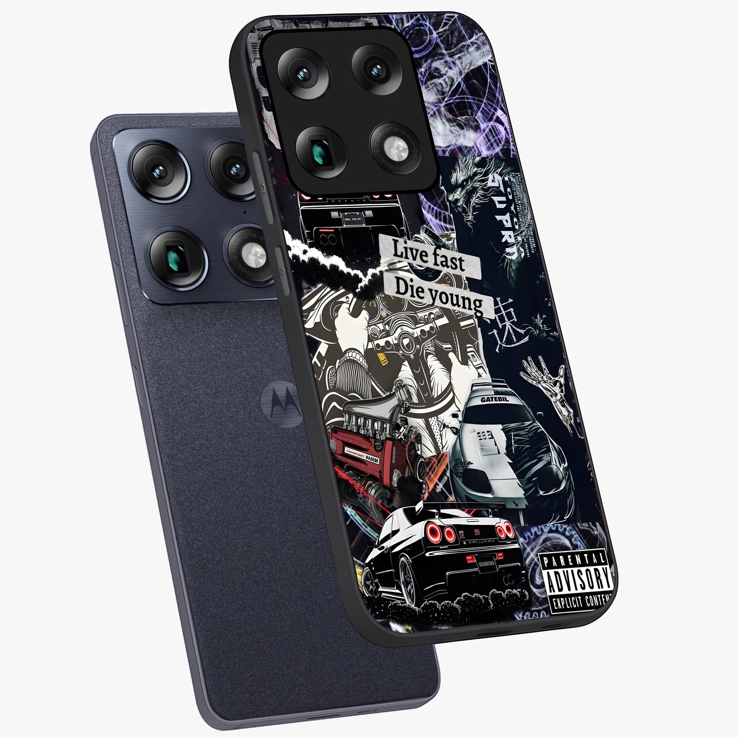 Die Young Glass Case displayed in angled mockup highlighting expressive graphic artwork with edgy aesthetic style.