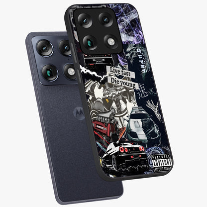 Die Young Glass Case displayed in angled mockup highlighting expressive graphic artwork with edgy aesthetic style.