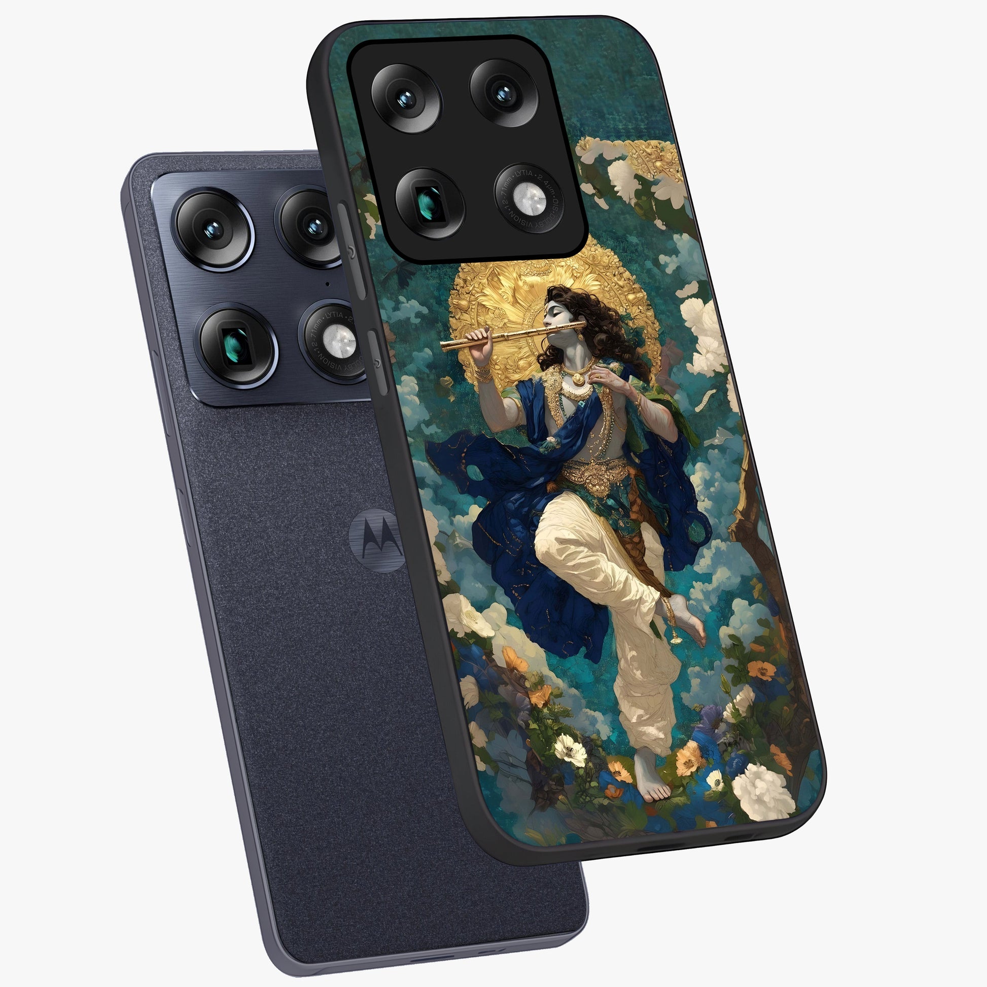 Divine Krishna Art Glass Case displayed in angled mockup highlighting spiritual Krishna illustration with devotional aesthetic.