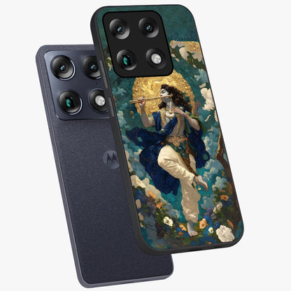 Divine Krishna Art Glass Case displayed in angled mockup highlighting spiritual Krishna illustration with devotional aesthetic.