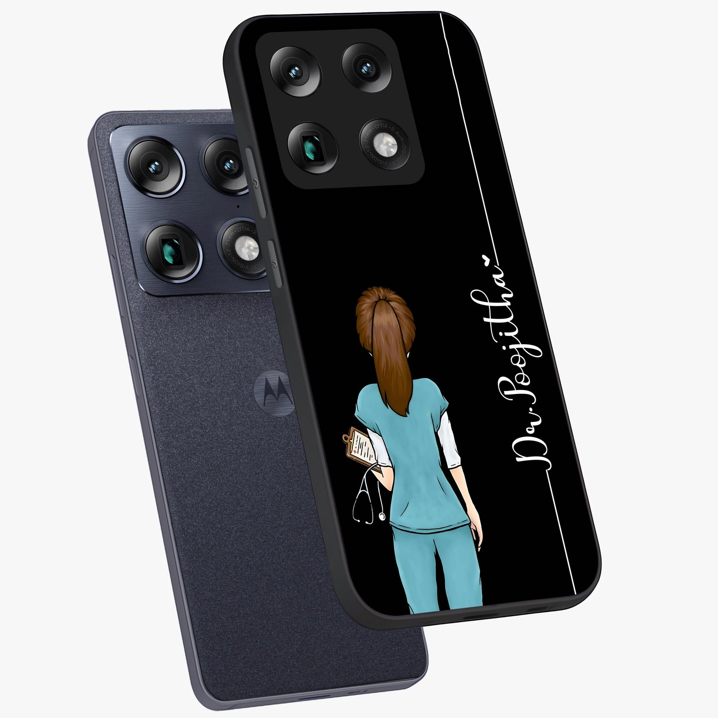 Doctor Pattern Custom Name Glass Case displayed in angled mockup highlighting doctor inspired artwork with custom name feature.