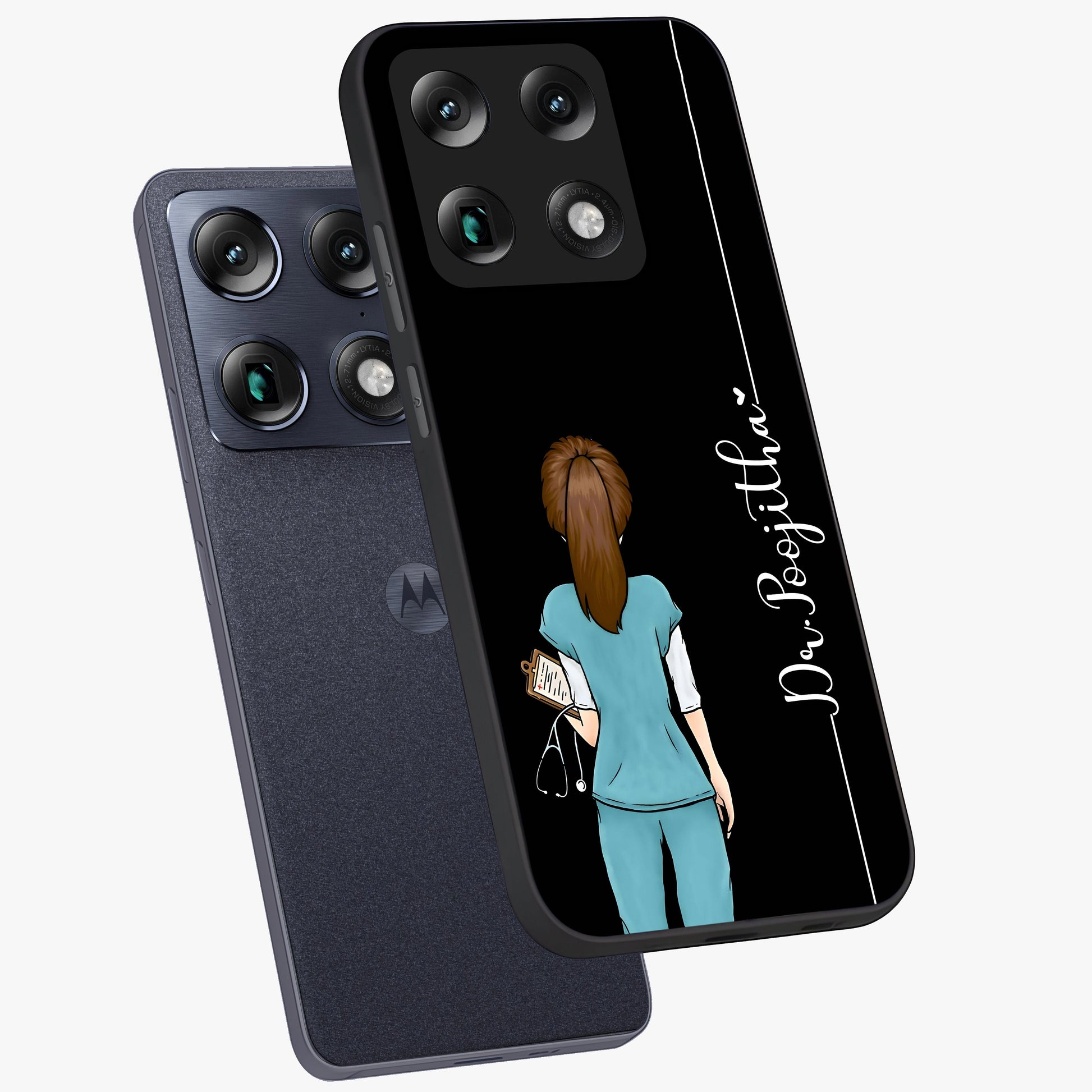 Doctor Pattern Custom Name Glass Case displayed in angled mockup highlighting doctor inspired artwork with custom name feature.