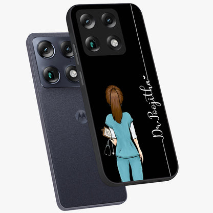 Doctor Pattern Custom Name Glass Case displayed in angled mockup highlighting doctor inspired artwork with custom name feature.