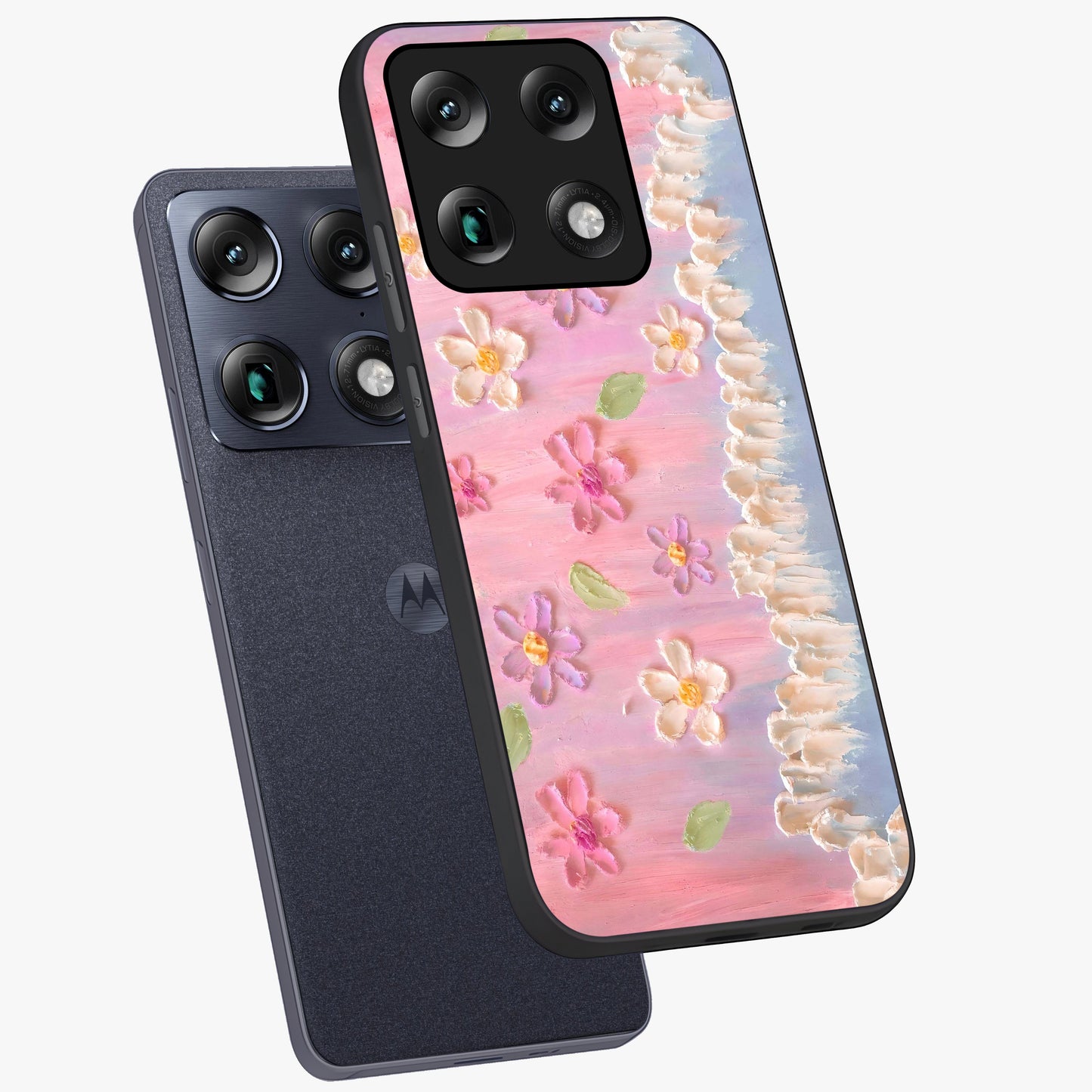 Dreamy Painted Garden Glass Case displayed in angled mockup highlighting colorful garden illustration with dreamy aesthetic style.
