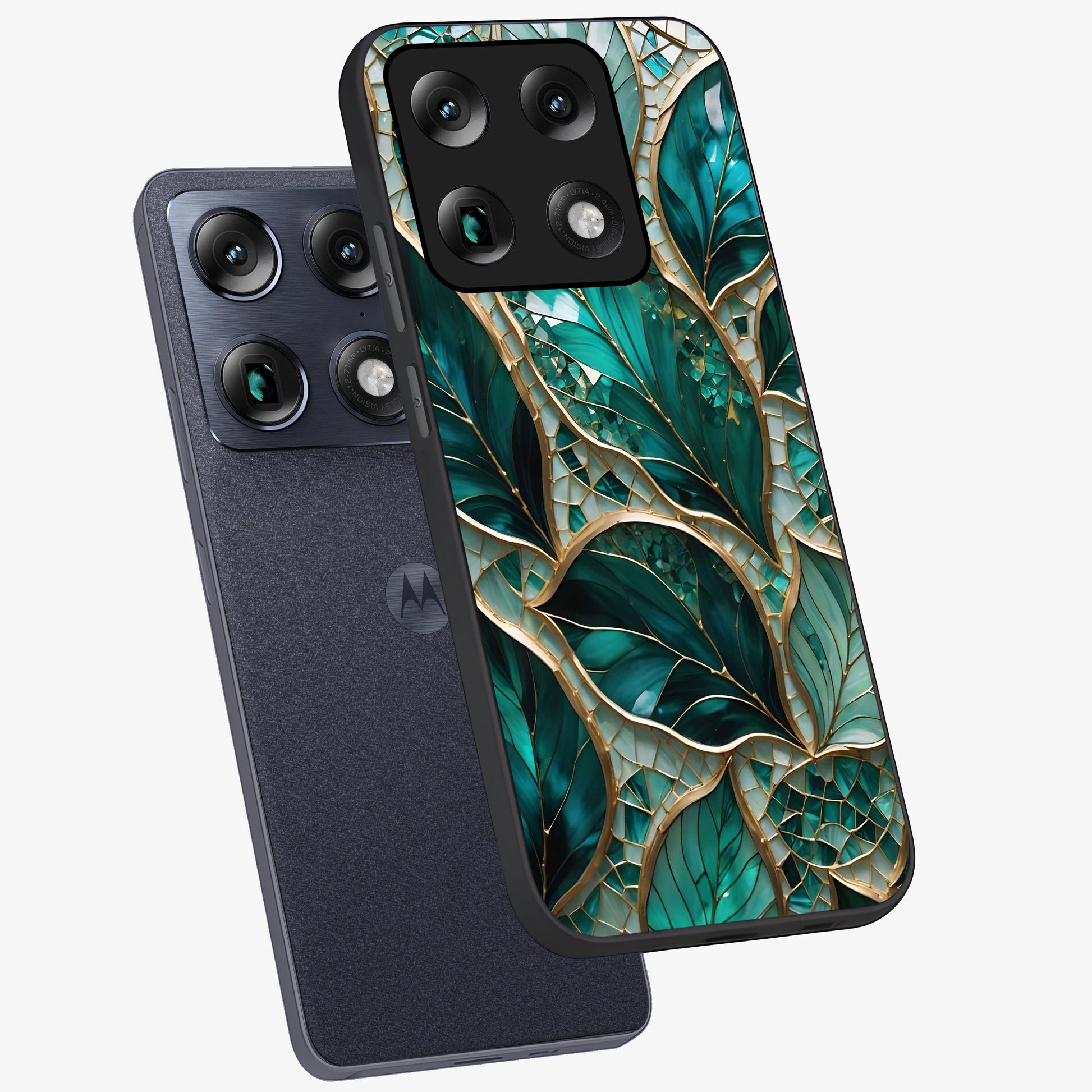 Emerald Leaf Glass Glass Case displayed in angled mockup highlighting botanical leaf illustration with elegant natural aesthetic.
