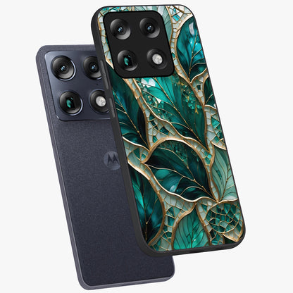 Emerald Leaf Glass Glass Case displayed in angled mockup highlighting botanical leaf illustration with elegant natural aesthetic.