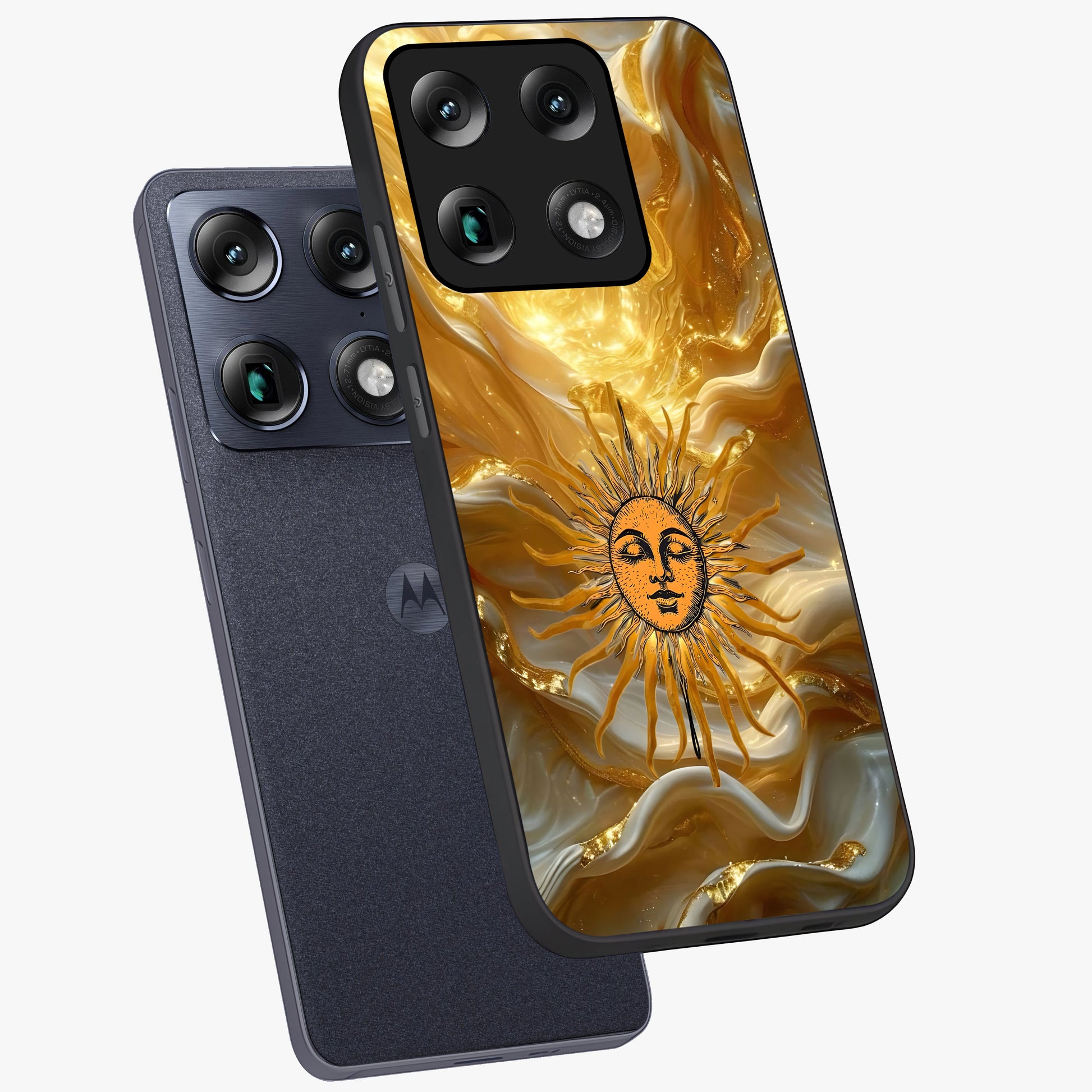 Eternal Golden Glow Glass Case displayed in angled mockup highlighting glowing golden aesthetic design with elegant style.