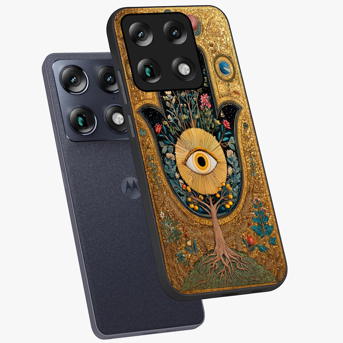 Ethereal Evil Eye Glass Case displayed in angled mockup highlighting protective evil eye symbol with spiritual aesthetic design.