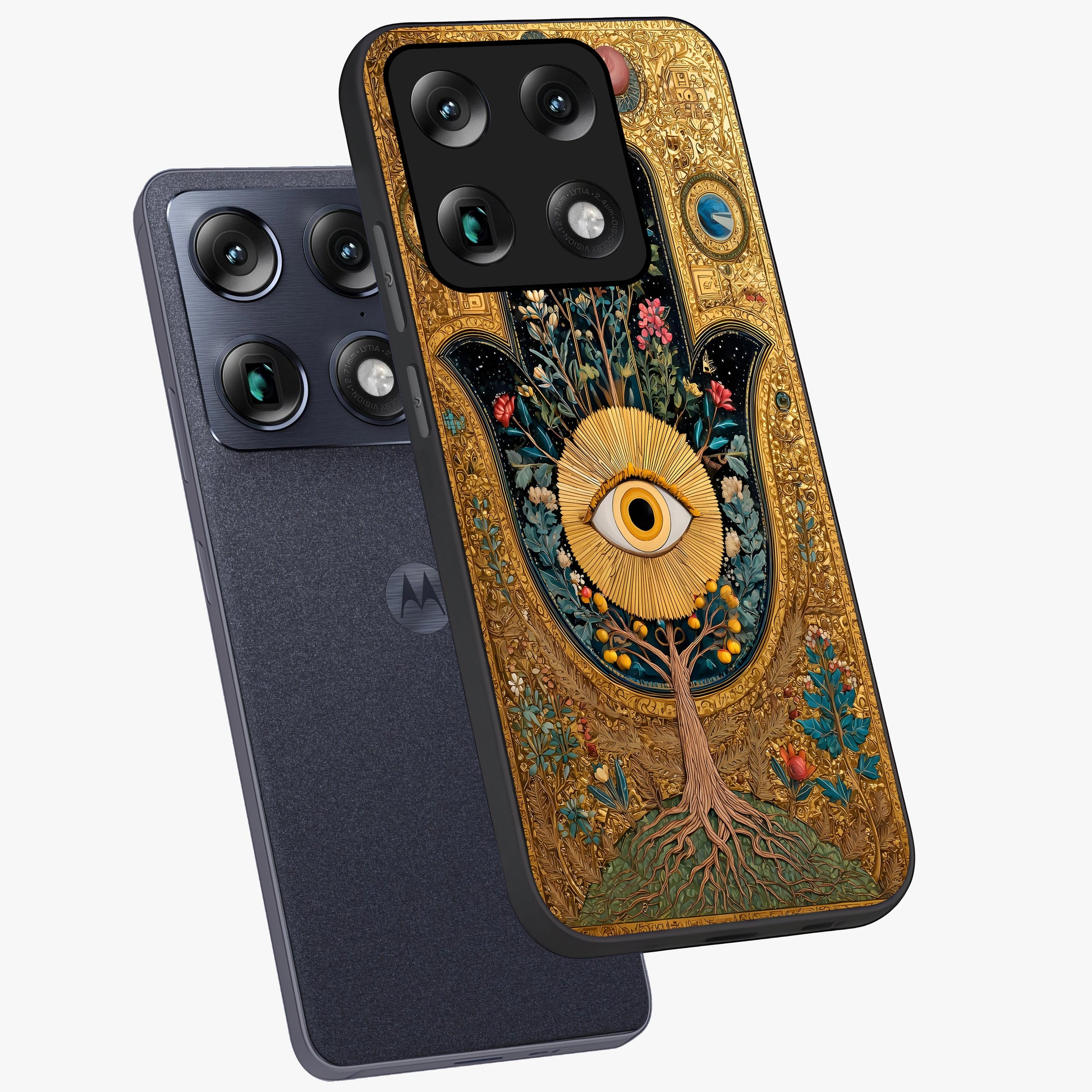 Ethereal Evil Eye Glass Case displayed in angled mockup highlighting protective evil eye symbol with spiritual aesthetic design.