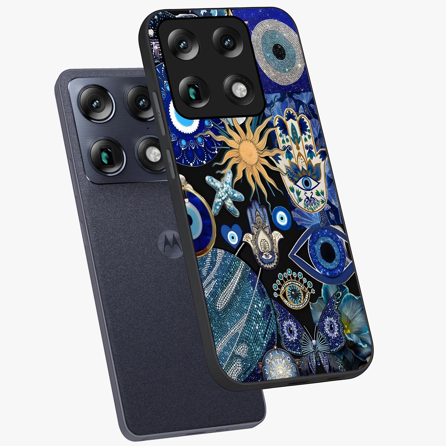 Evil Eye Charm Mix Glass Case displayed in angled mockup highlighting protective evil eye symbols with spiritual aesthetic design.