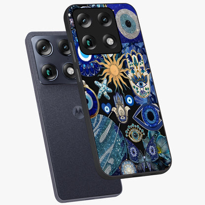Evil Eye Charm Mix Glass Case displayed in angled mockup highlighting protective evil eye symbols with spiritual aesthetic design.